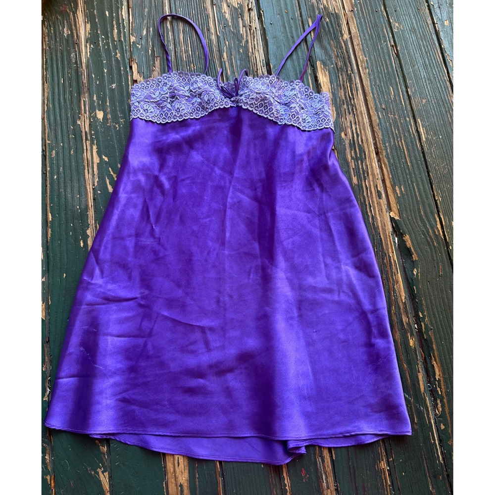 Morgan Taylor Intimates Purple Satin Lace Trim Chemise Nightgown XS WPL 8046